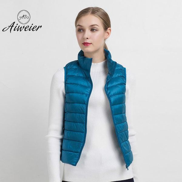 

women's down & parkas [aiweier] jackets autumn winter korean ultra-light thin sleeveless vest short zipper solid female fur coats il870, Black