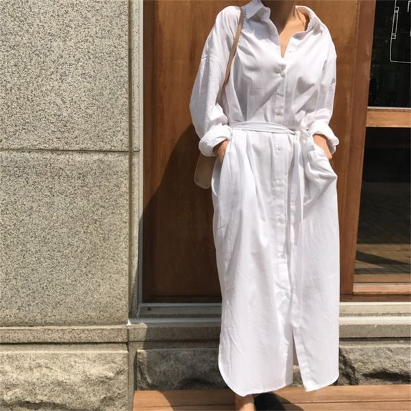 

lanmrem 2020 new summer fashion tide white turn-down collar long sleeve single breasted pockets sashes woman dress lj200820, Black;gray