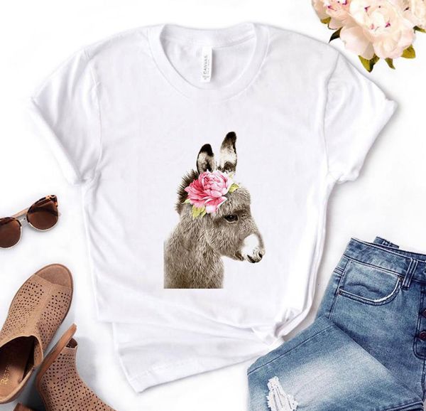 

donkey flower print women tshirt cotton casual funny t shirt gift for lady yong girl tee pm-72, White