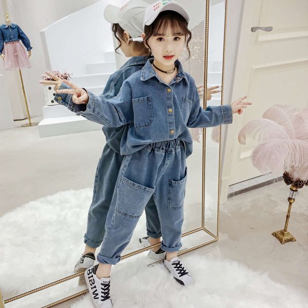 

suit 2020 spring new little children's girl simple casual big pocket denim inch shirt two piece set, White;black