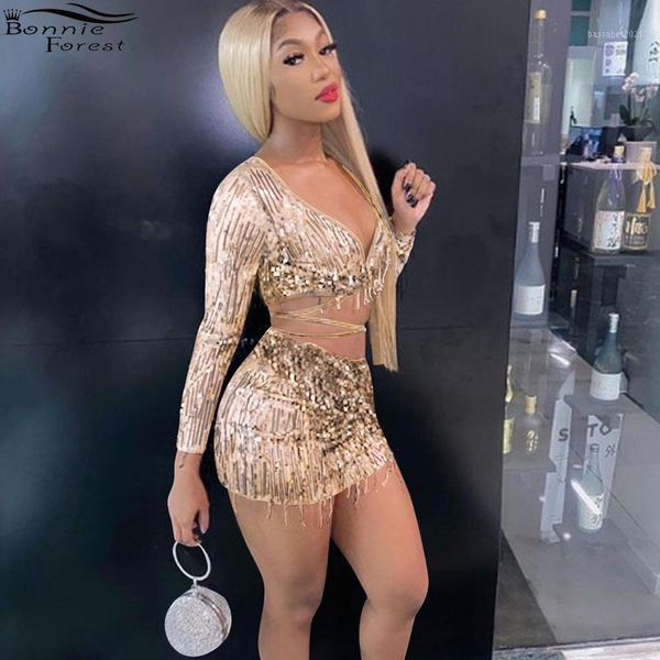 

women's tracksuits bonnie forest sparkle sequins tracksuit skirt set two-piece suits shiny tassels crop and birthday outfita1, Gray