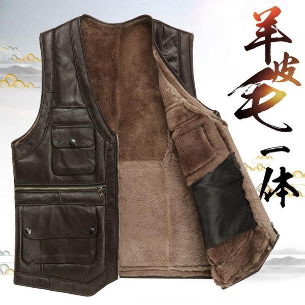 

2021 men's leather vest full-grain sheepskin autumn and winter multi-pocket casual fur integrated warm vest, Black;white