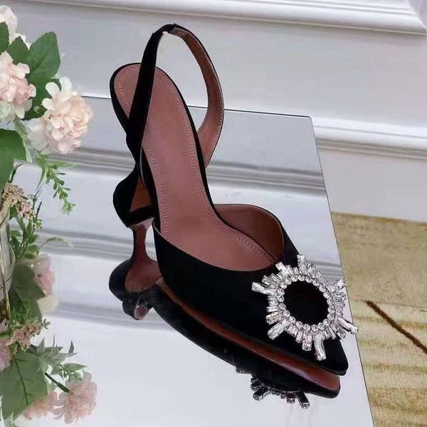 

designer satin womens sandals fashion thick heel heels slides lady shoe beach lazy half slippers metal high heel ballroom bar crystal, Black