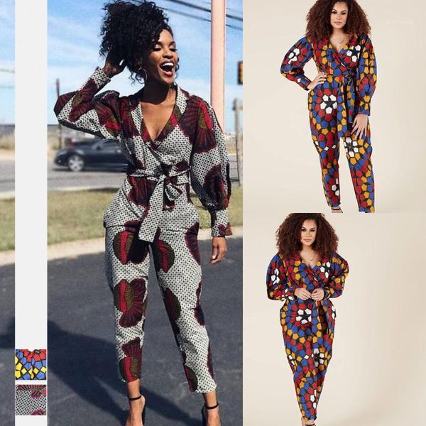 

african new style autumn clothes new digital printing women's v-neck autumn long-sleeved jumpsuit cropped pants1, Black;white