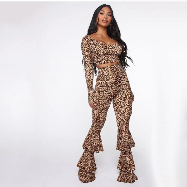 

leopard two piece clothes sets for women's high street style personality navel t-shirt high waist trumpet pant outfit1, Gray