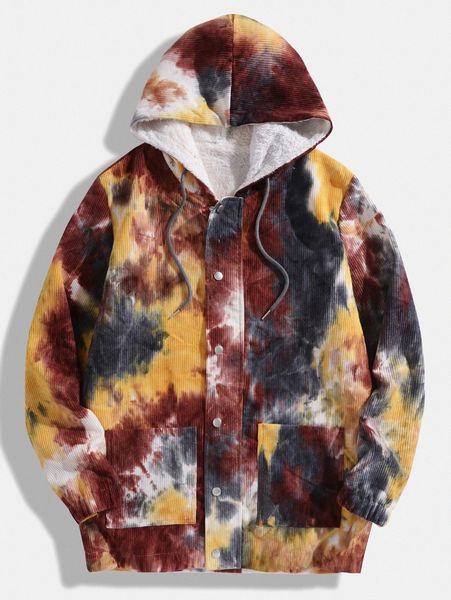 

men tie dye double pocket drawstring teddy lined hooded corduroy jacket p3db#, Black;brown