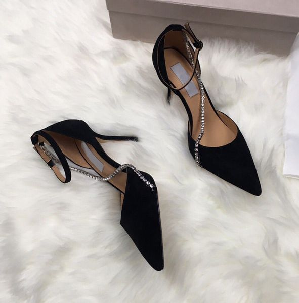 

2020 summer new pointed shallow mouth wrap head wrap side air high heel low heel diamond chain high heels, Black