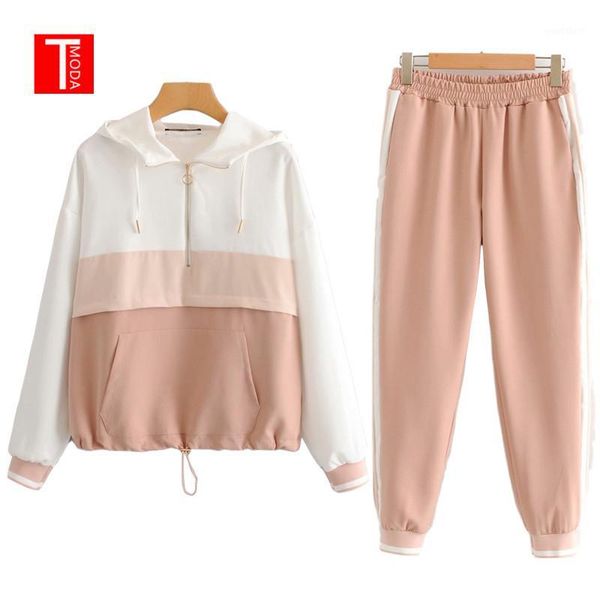 

2020 set female vintage contrast color baseball bomber pullover jacket women and pencil jogging pants suits two piece sets1, White