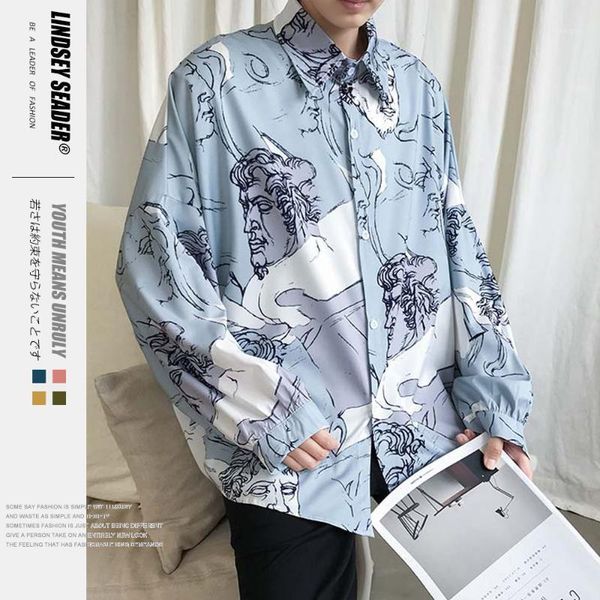 

lindsey seader shirts men sculpture head printed male shirts thin cotton full sleeve shirt fashion casual college streetwear1, White;black