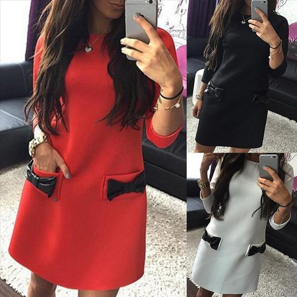 

fashion women solid color bowknot pocket 3 4 sleeve round neck mini party dress drop shipping, Black;gray