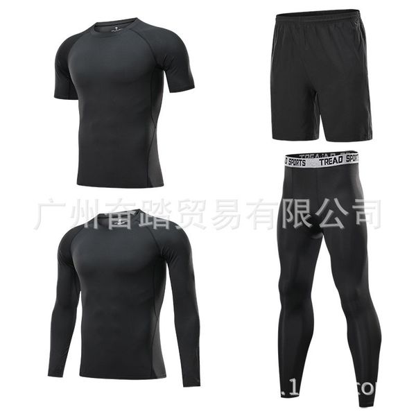

men's four piece sleeve long pants tights elastic suit basketball football bottoming running quick dry clothes, Gray