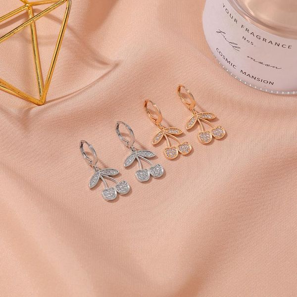 

new fashion cross border zircon cherry fruit earrings, Silver
