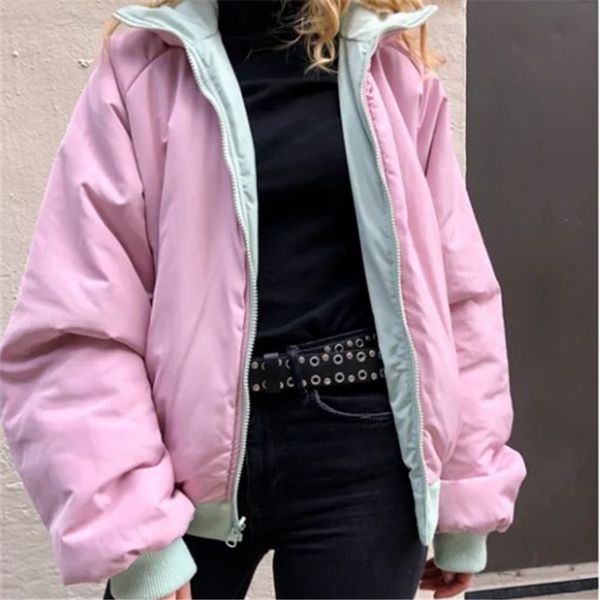 

2021 new on both sides wear thickened padded jacket for female college girl standing collar loose student cotton coat qr2y, Black;brown