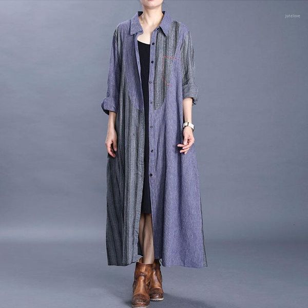 

johnature 2020 spring new patchwork striped turn-down collar pockets single breasted coat loose plus size all-match women coats1, Tan;black