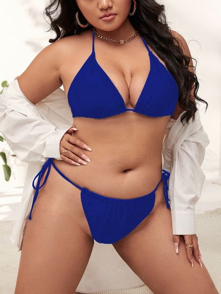 

plus plain triangle tie side bikini swimsuit r46m#, Black