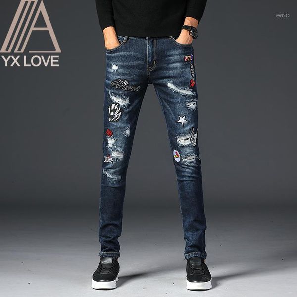 

embroidery blue men jeans fantastic patterns quality brand slim elastic comfortable hiphop pants multiple styles trousers1