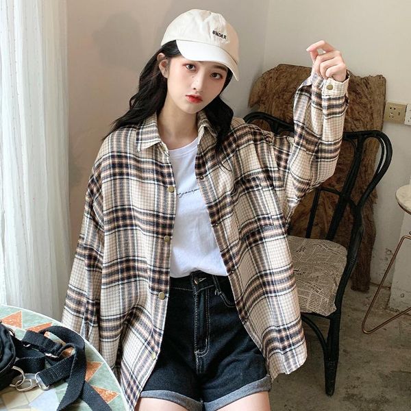 

mazefeng 2020 women shirts women blouses long sleeve plaid shirts slim female casual ladies turn-down collar, White
