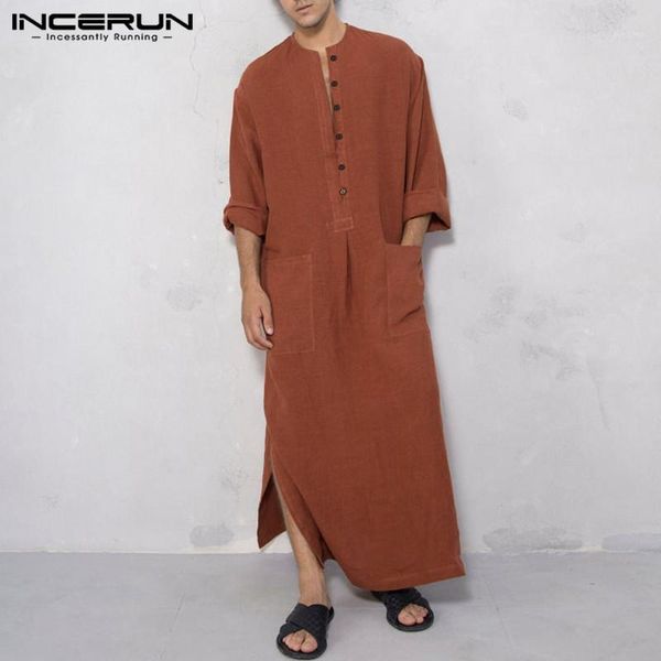 

incerun men islamic arabic kaftan muslim clothes solid long sleeve pockets abaya saudi arabia retro mens robes jubba thobe 20201, Red