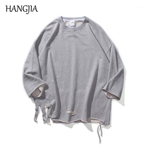 

men's hoodies & sweatshirts ripped cut hole pullover hip hop oversized sweatshirt 100%cotton long sleeve for men harajuku1, Black