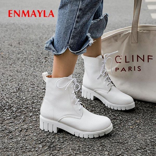 

enmayla 2020 motorcycle boots round toe cool pu lace-up winter boots women square heel short plush ankle for women 34-431, Black