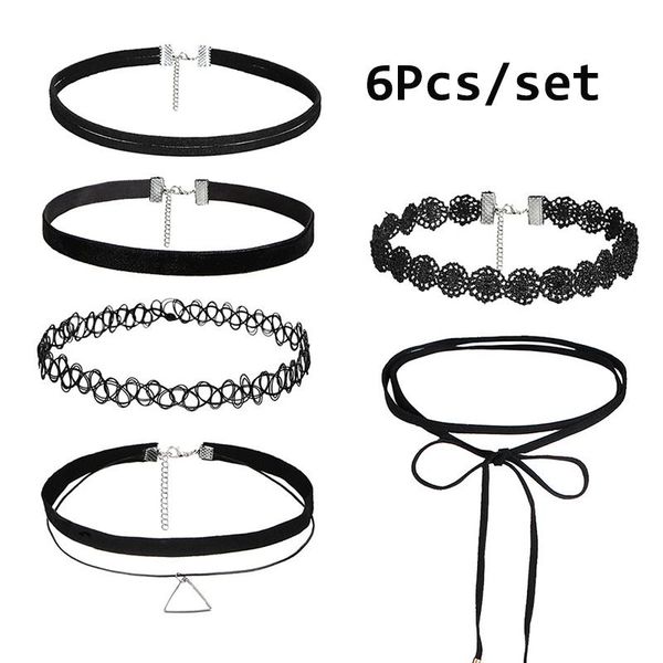 

6pcs/set 90s punk style choker necklaces gothic tattoo black lace leather velvet collier women collar femme chocker jewellery, Golden;silver