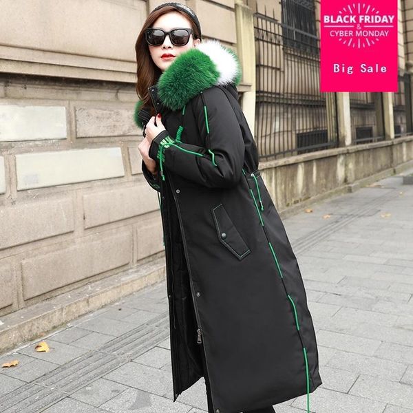 

winter fashion brand super big natural fur coat 90% duck down parkas female longer hooded thicker warm down coats wq581, Black