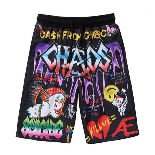 

nagri shorts men cartoon graffiti print bermuda beach knee-length shorts hip hop elastic waist high street summer sweatpants1, White;black