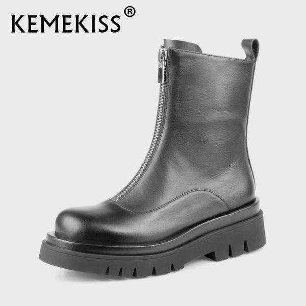 

kemekiss real leather women mid calf boots round toe platform front zipper shoes winter boots women party footwear size 34-40, Black