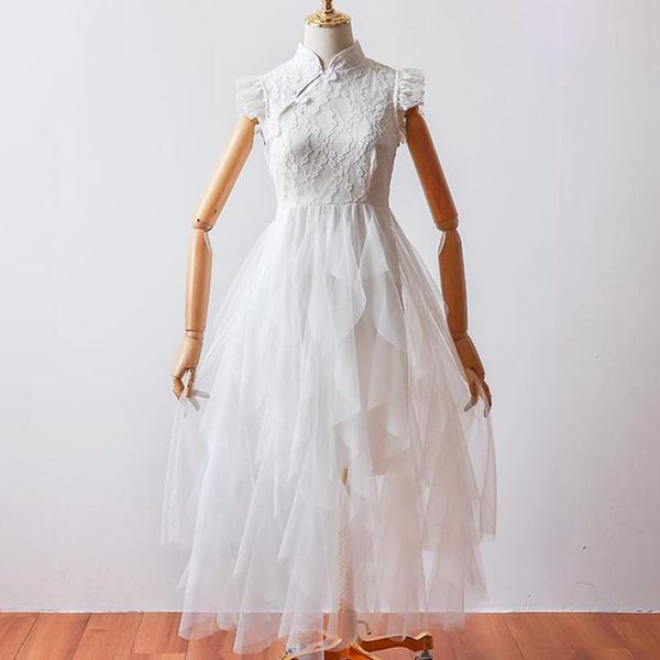 

improved cheongsam summer elegant lady fashion lace cake bridesmaid dresses wedding guest dress women party traditional dresses, White;pink