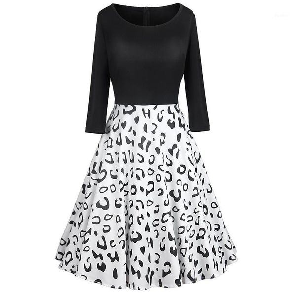 

women spring dresses leopard print o-neck dress seven-point sleeve high waist big swing a-line dress patchwork femme jupe mz33621, Black;gray