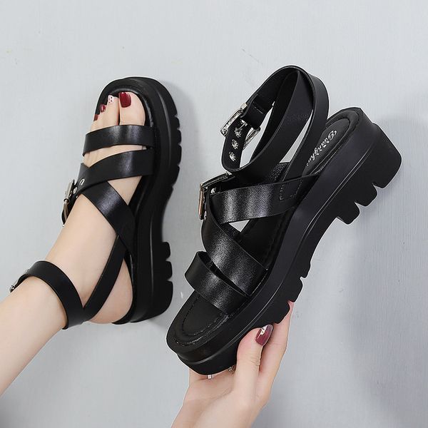 

lolita summer gladiator sandals woman 2022 new ankle straps flats platform sandals black retro roma styles thich bottom gladiator shoes