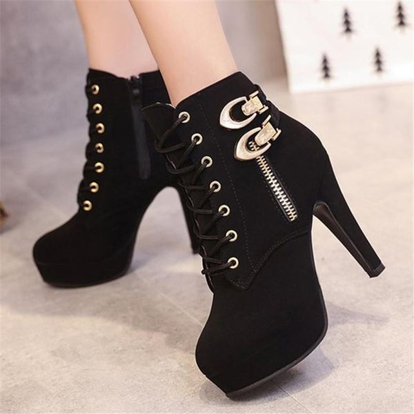 

women high heel boots plus size women's platform motorcycle boots ladies casual buckle spring ankle shoes a264, Black