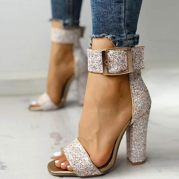 

sandals 2021 summer woman pumps block stable high heels female round toe casual buckle thick lady party shoes, Black