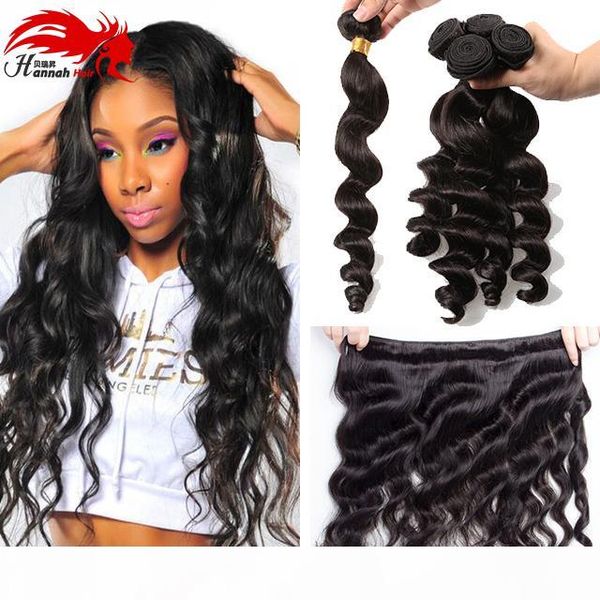 

hannah loose wave brazilian hair weave bundles 4pc natural color remy hair bundles human remy hair weft, Black