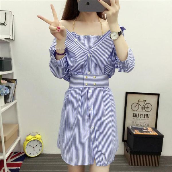 

casual dresses yan qing huan 2021 summer loose wild striped harajuku ladies dress hanging neck fake two-piece belt women, Black;gray