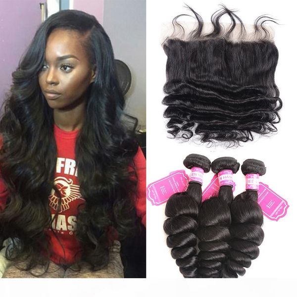 

loose wave brazilian virgin hair bundles with lace frontal body wave straight hair weaves 4 pieces lot natural color hair extensions, Black;brown