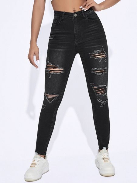 

bleach wash ripped frayed skinny jeans 07nb#, Blue