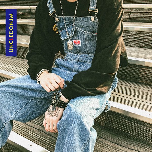 

uncledonjm denim rompers mens single breasted jumpsuit cargo jean overalls one piece suits romper loose fit overalls jeans q0105, Black;white