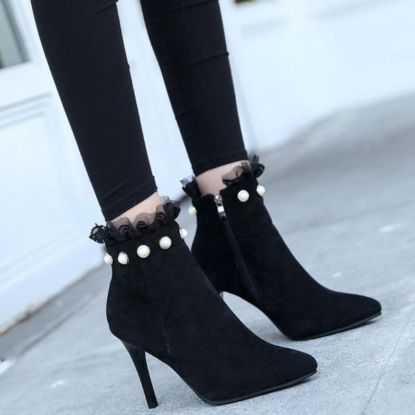 

boots lace pearl ankle for women pointed toe thin heels winter shoes ladies fashion casual party short shoes1, Black
