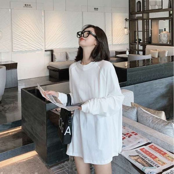 

and round ww white 2020 black neck with raglan foundation bf base shirt women's loose style long sleeve t-shirt, Black;gray