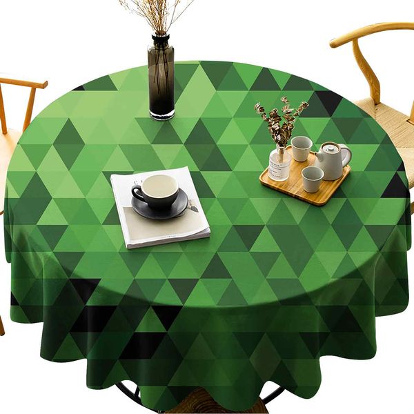 

waterproof round table cover triangles in green shades abstract modern mosaic pattern with fractal look