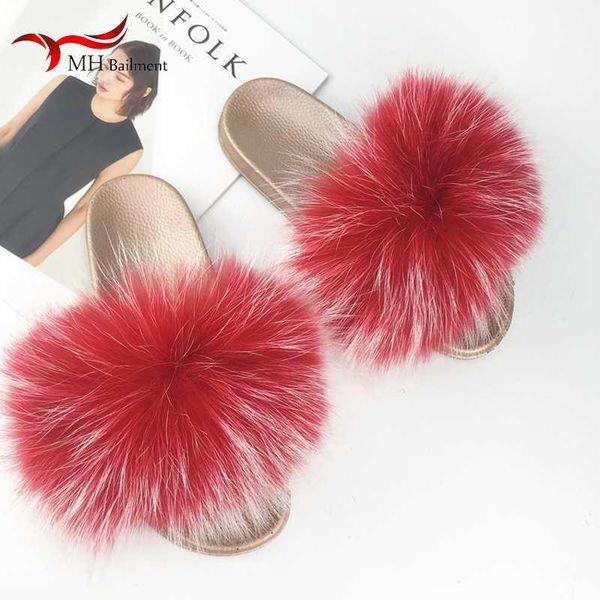 

slippers women's real raccoon fur slipper women slides furry indoor flip flops beach sandal fluffy size eva shoes1, Black