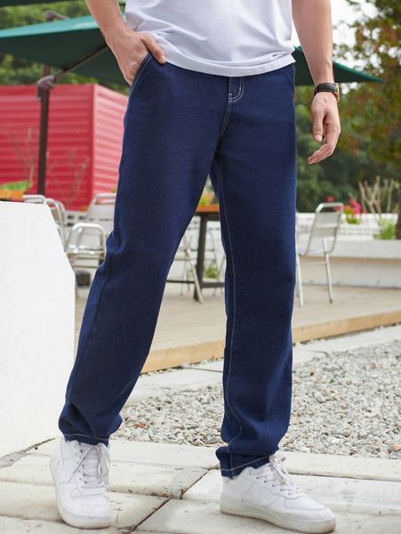 

men zipper fly contrast stitch jeans 43bi#, Blue