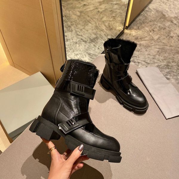

designer womens boots luxury black buckle embellished with fluff leather round head high heel with box size 35-40