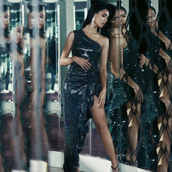 

new dark 2021 green woman cleave a high shoulder split sequins slim dress and floor dr8a, Black;gray