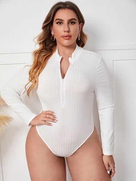 

lesdomakeup x squad plus ribbed knit half zipper bodysuit 56nx#, Black