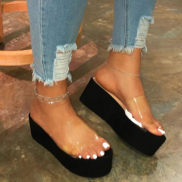 

sandals women clear pvc open toe summer sandals female platform high heel shoes casual slip on shoes footwears d301, Black