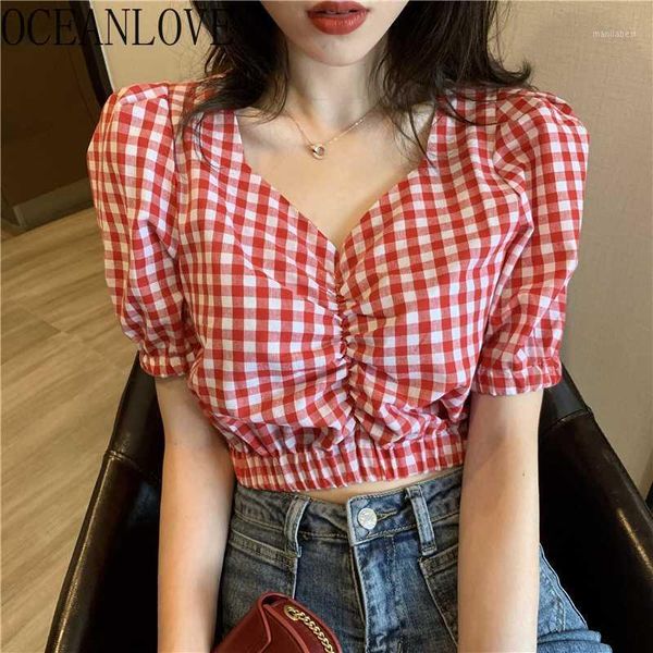 

oceanlove short plaid women blouse v neck korean chic slim puff sleeve shirts spring summer ins chic blusas mujer 151831, White