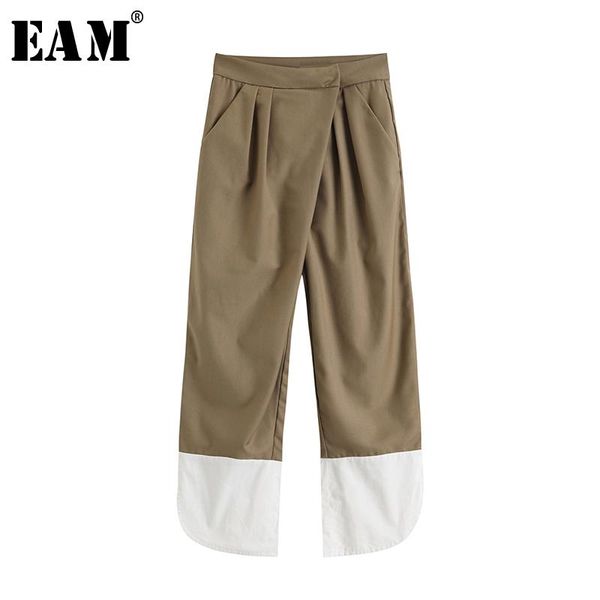 

eam] high waist khaki contrast color split long trousers new loose fit pants women fashion tide spring autumn 2020 1w167, Black;white