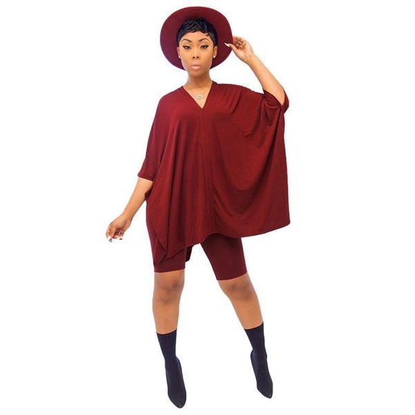 

short two piece set women clothes 2020 summer spring casual outfits v-neck batwing sleeve and biker shorts 2 piece set, Gray